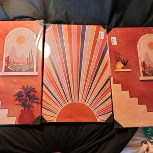 Large 3pc Framed Canvas Boho Wall Art Sunrise Southwestern 16x24